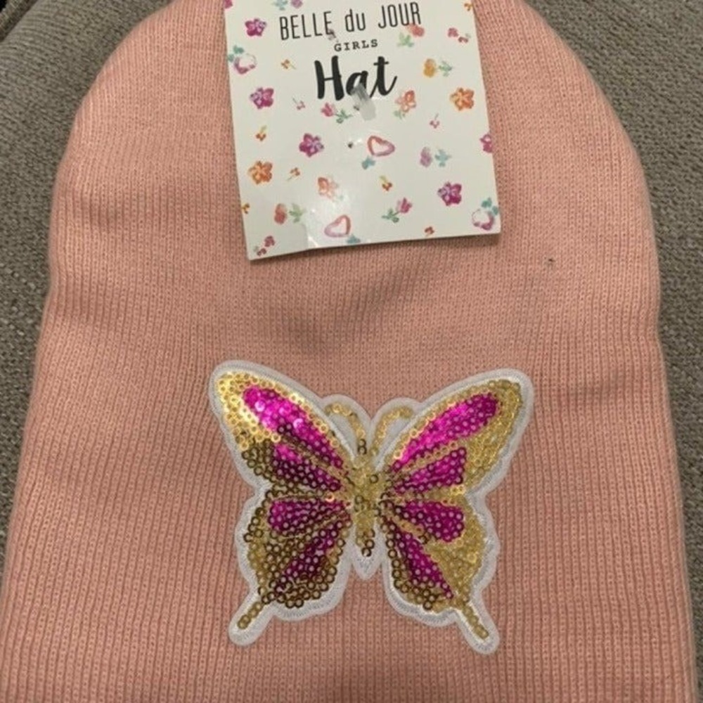Belle Du Jour Girls Butterfly Beanie Hat Pink Sequin Winter Toboggan NWT Acrylic